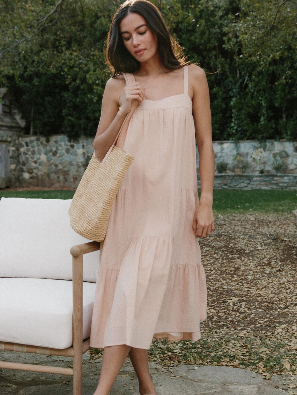 Jenni Kayne Seersucker Summer Dress In Blush Medium Sleeveless Maxi Cotton Rayon